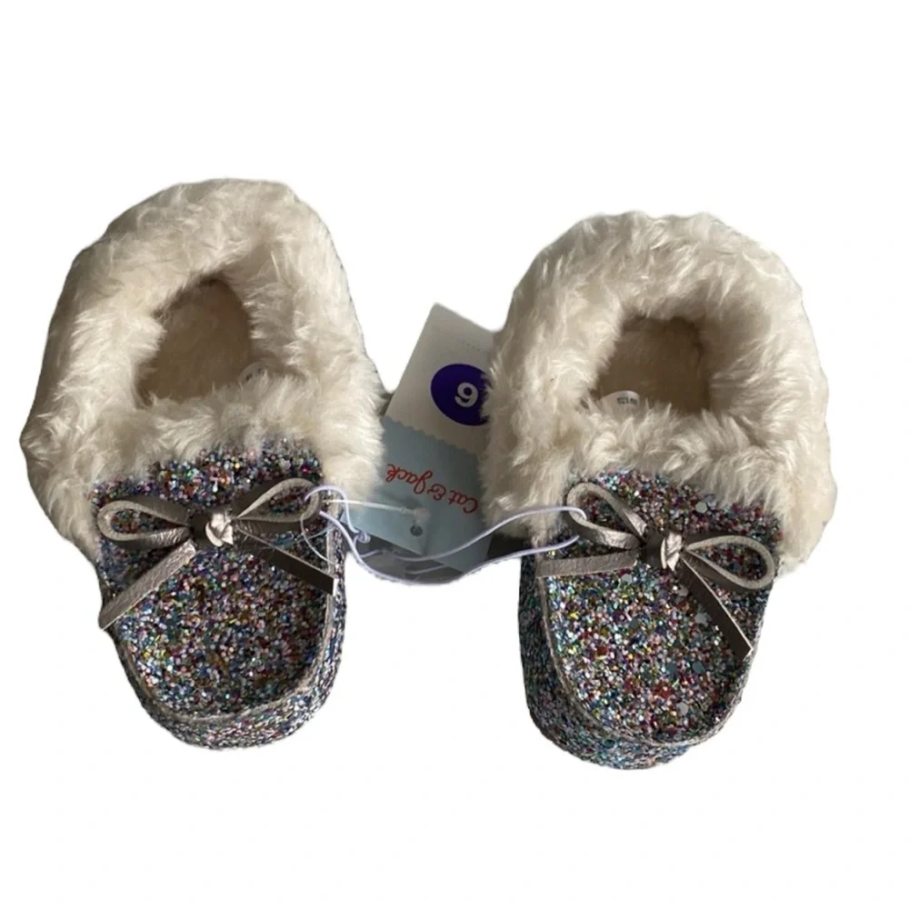 Cat & Jack Moccasin‎ Slippers size 6 Multicolored Glitter fuzzy